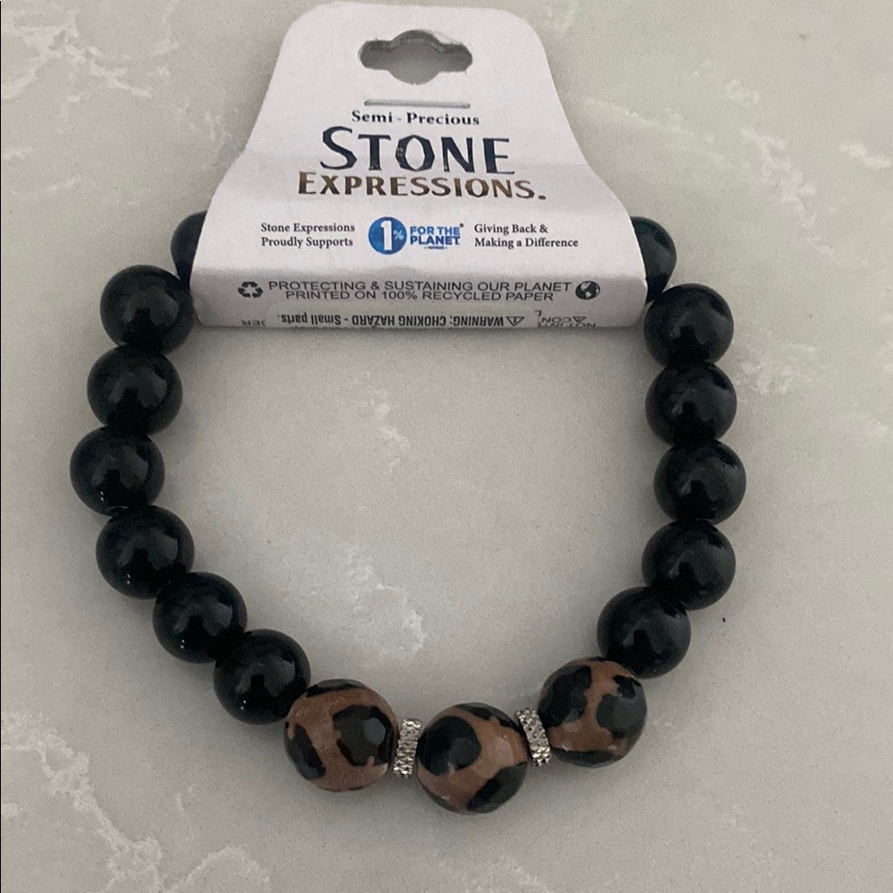 Black and Brown Beaded stretch Bracelet w silvertone spacers. NWT.